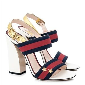 Gucci Navy and Red Striped Heels with Gold Accents